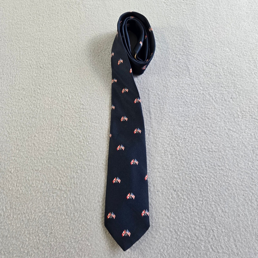 Ely Ties Necktie Mens OS Navy Blue USA Canada Crossed Flags Patriotic Polyester